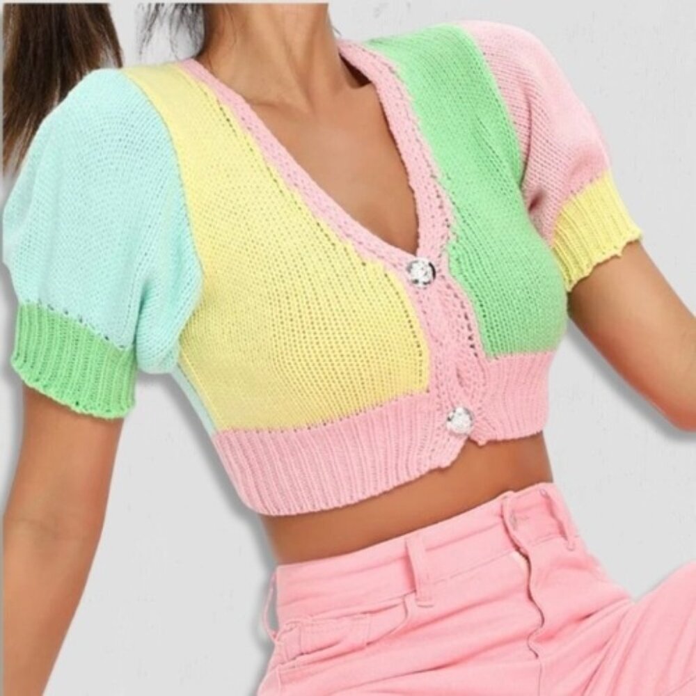 Jarinya Knit Color Block Cropped Top Small